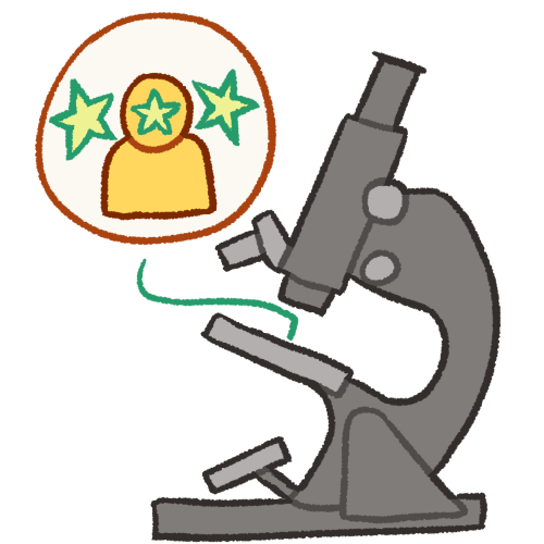 A drawing of a grey microscope. Next to the microscope is a circle containing a plain yellow person with a green star on their face, with two green stars next to them. A line connects the circle to the stage of the microscope, implying that the person in the circle is what the microscope is looking at.